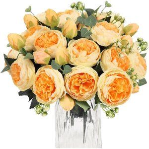Artificial Peony Flower Silk Peonies Bouquet 4 Bundles Fake Flowers Bulk(Orange)